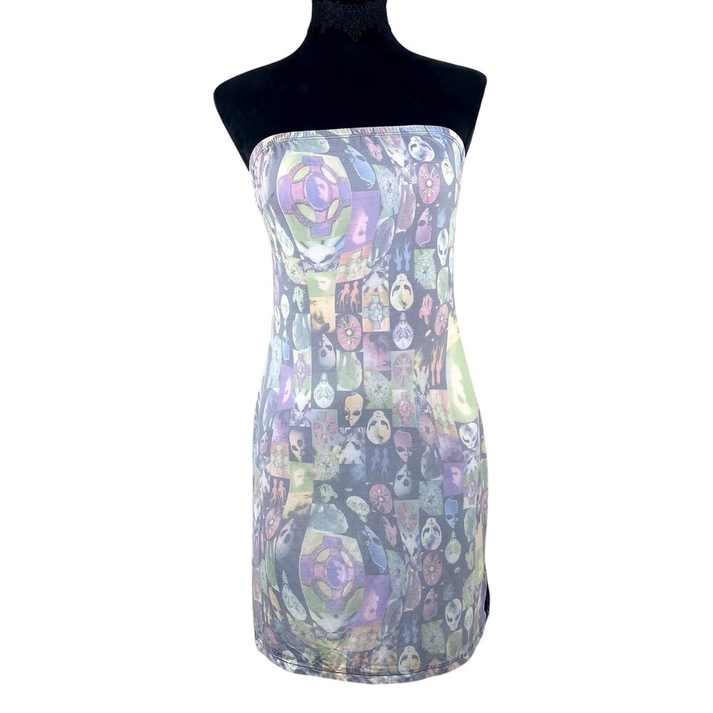 Formula X vtg 90's clubbing rave alien all over collage graphic print tube dress